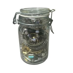 23 Piece Mystery Jewelry Jar ! Earrings Bracelets Necklaces Brooch Vintage -Now